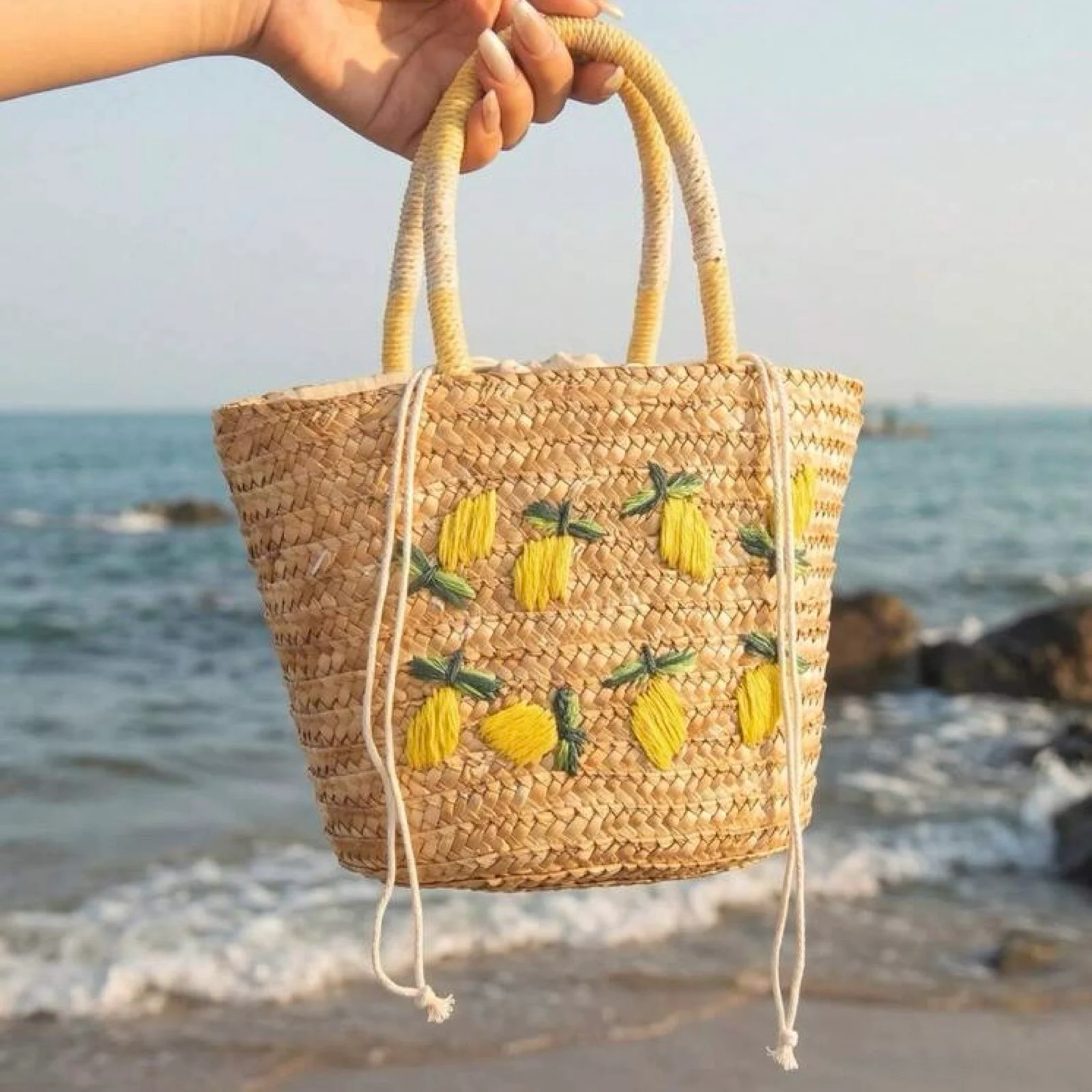 Lemon Embroidered Natural Woven Straw Tote Bag Small Summer Coastal Resort