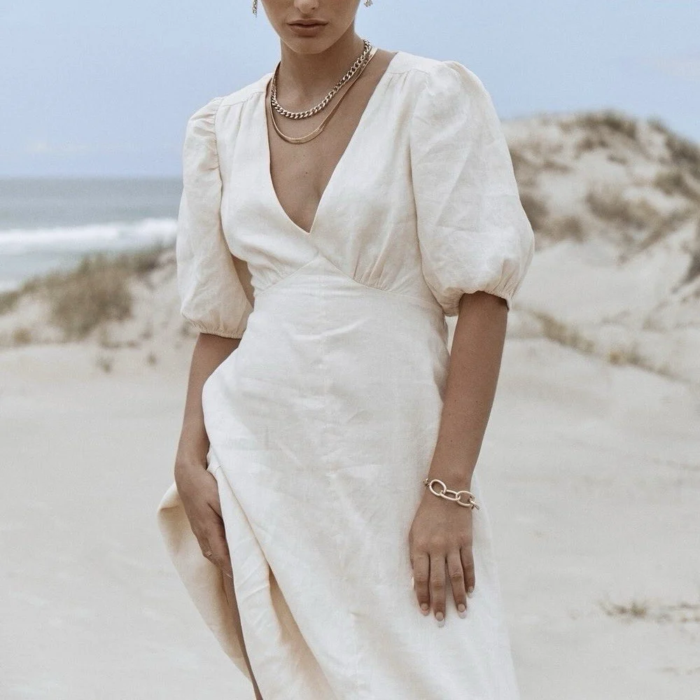 Dissh Remi Linen Midi Dress AU 8 / US 4 / S Backless Cream Short Sleeve