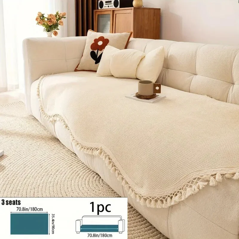 Luxurious Fringed Chenille Sofa Cover 2.5 3 Seater Dog Cat Couch Protector Cream