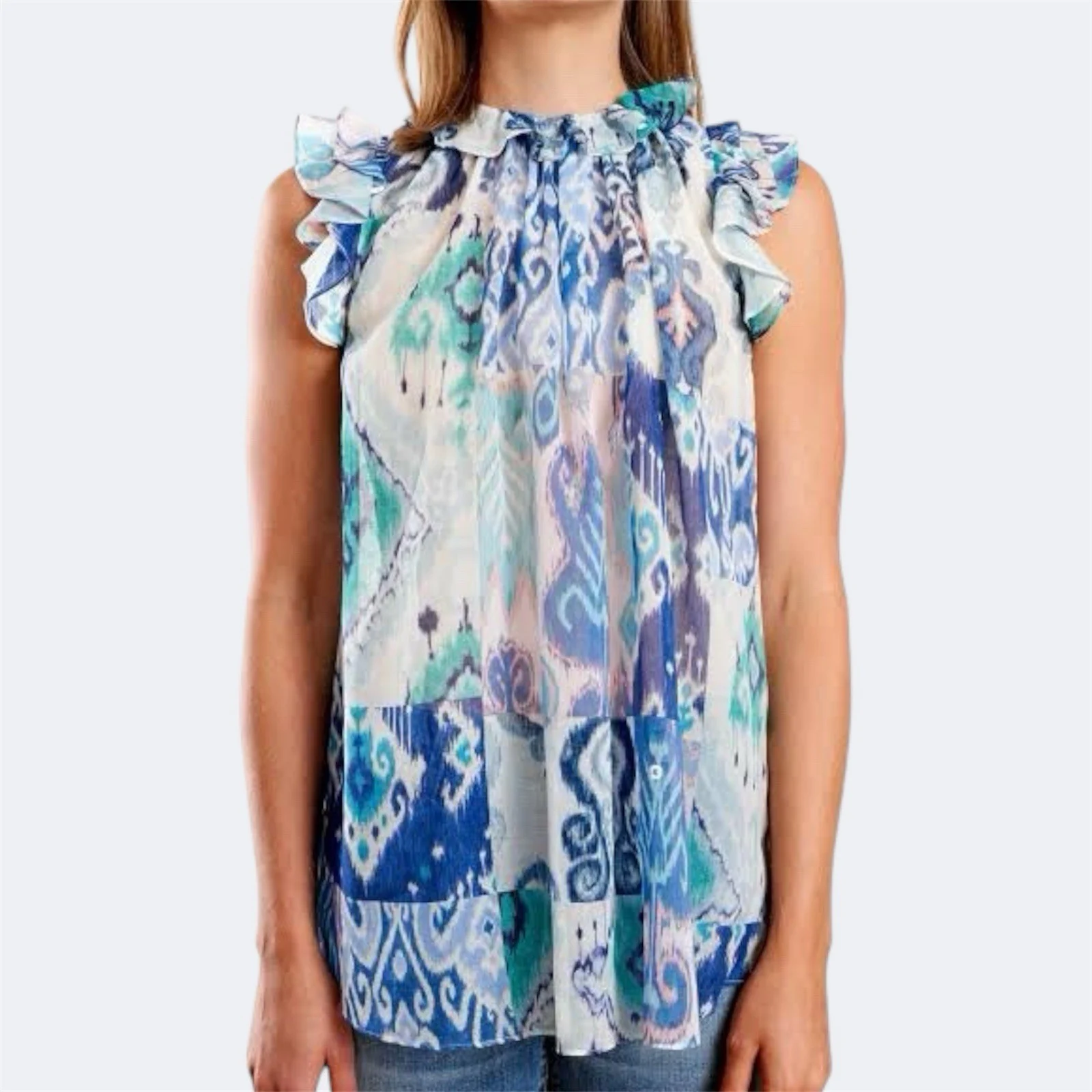 Zimmermann Glassy Ruffle Top Blue 1 / AU 10 / US 6 Sleeveless Silk Summer Blouse