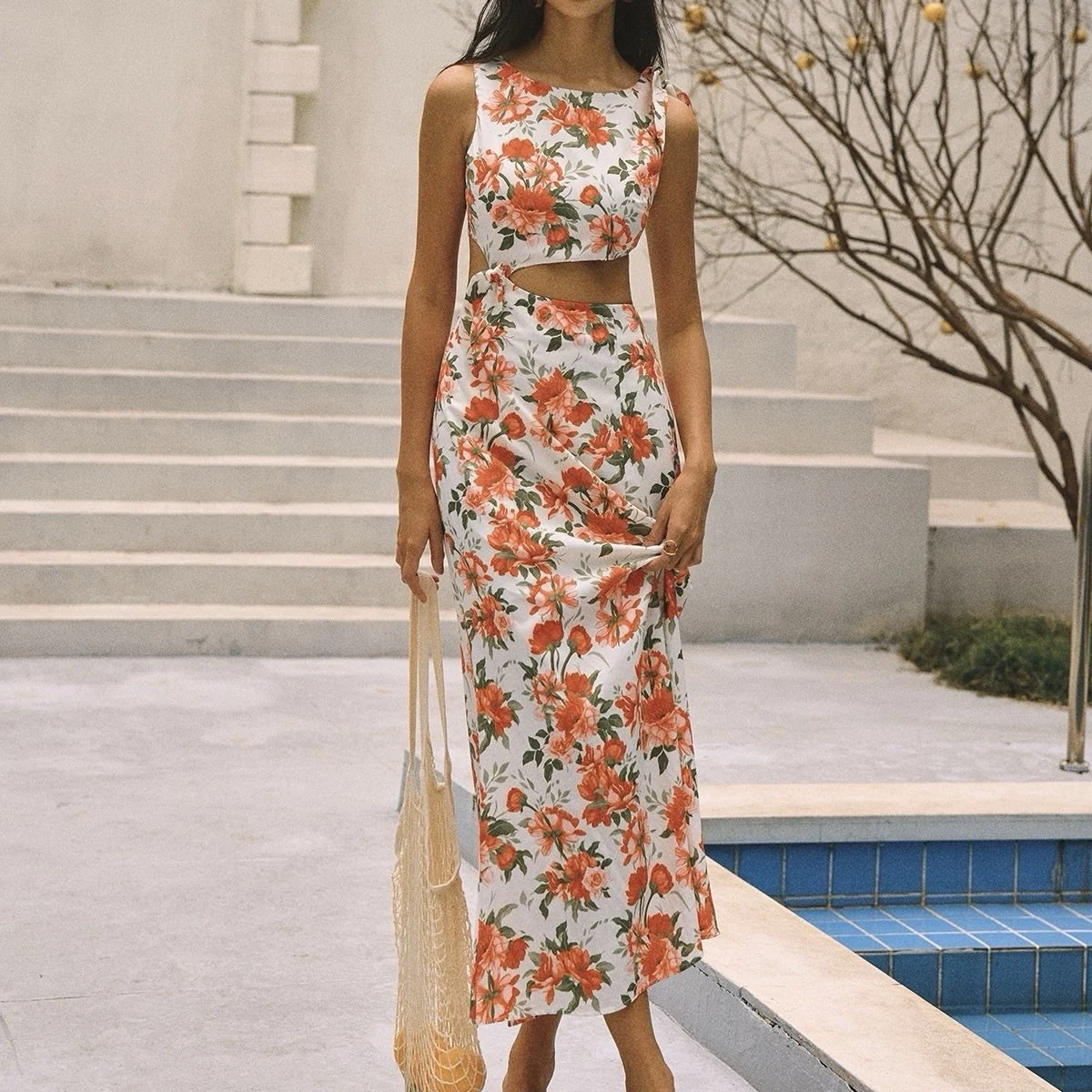 House Of Sienna Eliana Asymmetric Midi Dress AU 8 / US 4 / S Floral Tie Cut Out