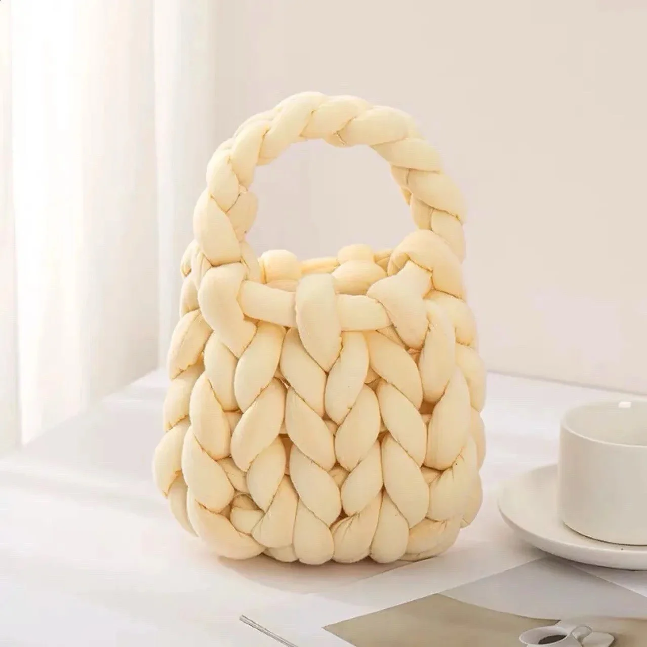Luxe Chunky Knit Crochet Bag Pastel Yellow Small Soft Woven Fashion Handbag