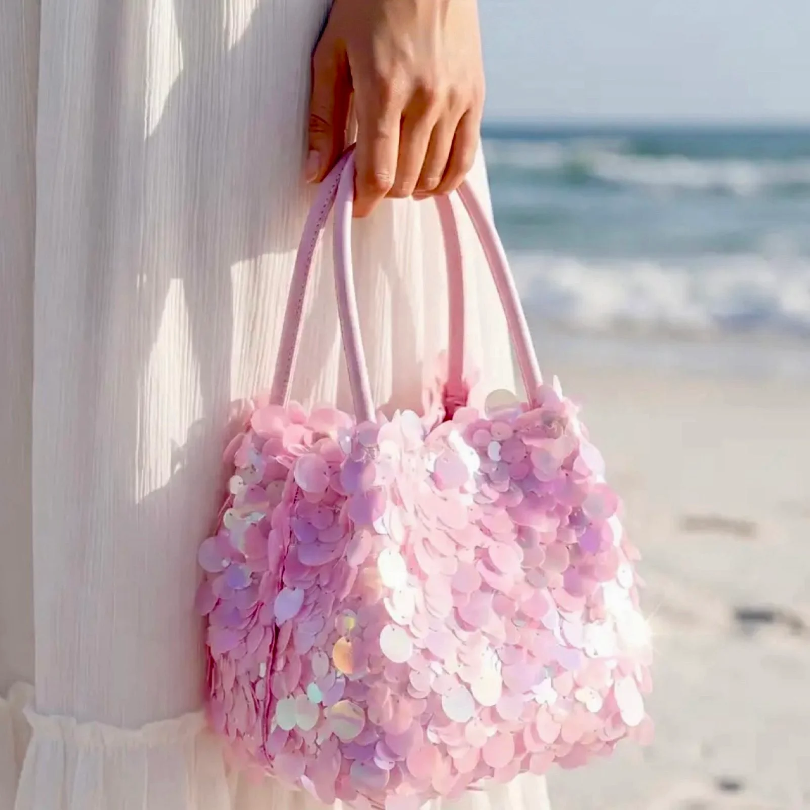 Sequin Square Top Handle Shoulder Bag Pink Luxe Statement Cocktail Party Resort