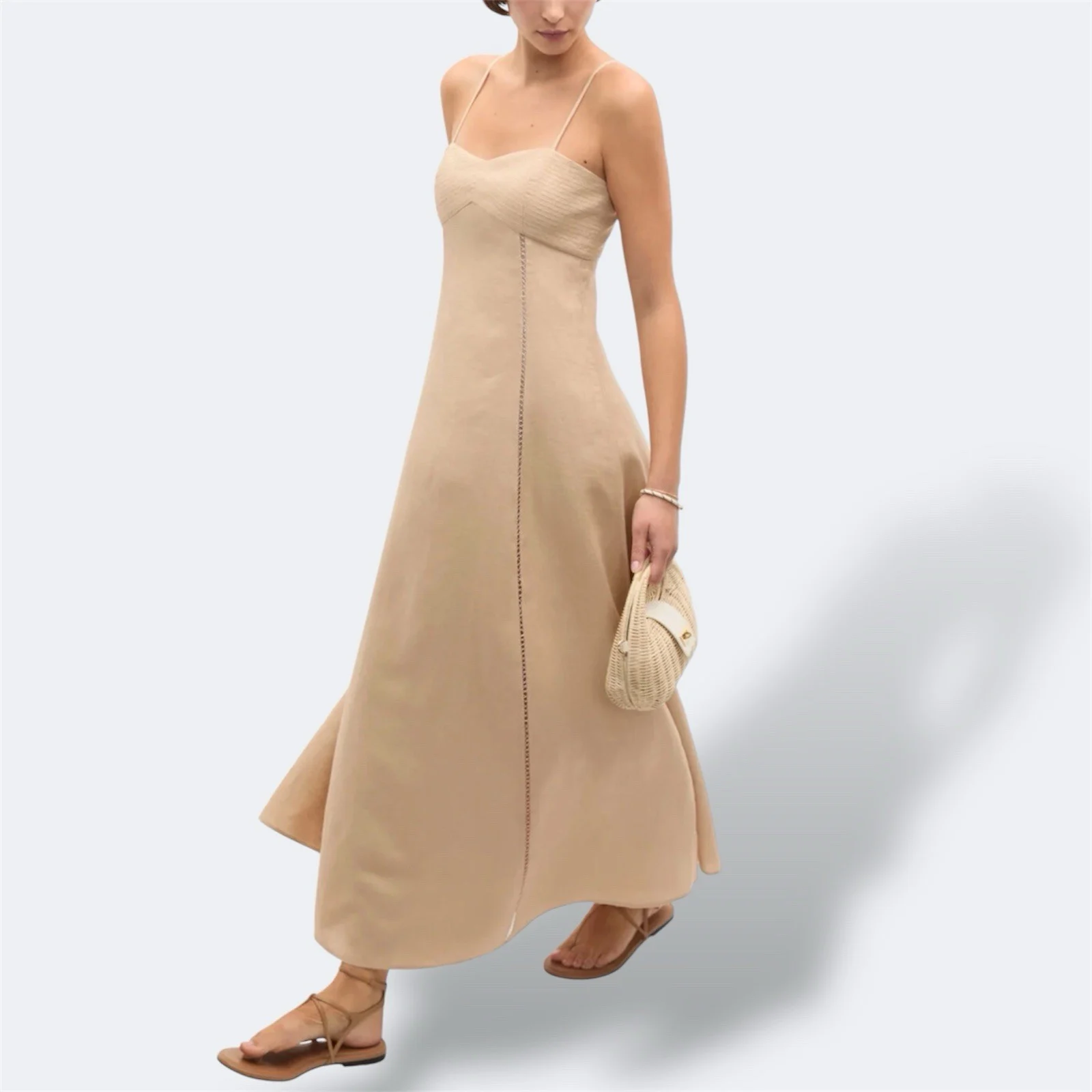 Seed Linen Trim Insert Midi Dress AU 6 / US 2 / XS Ecru Natural Coastal Summer