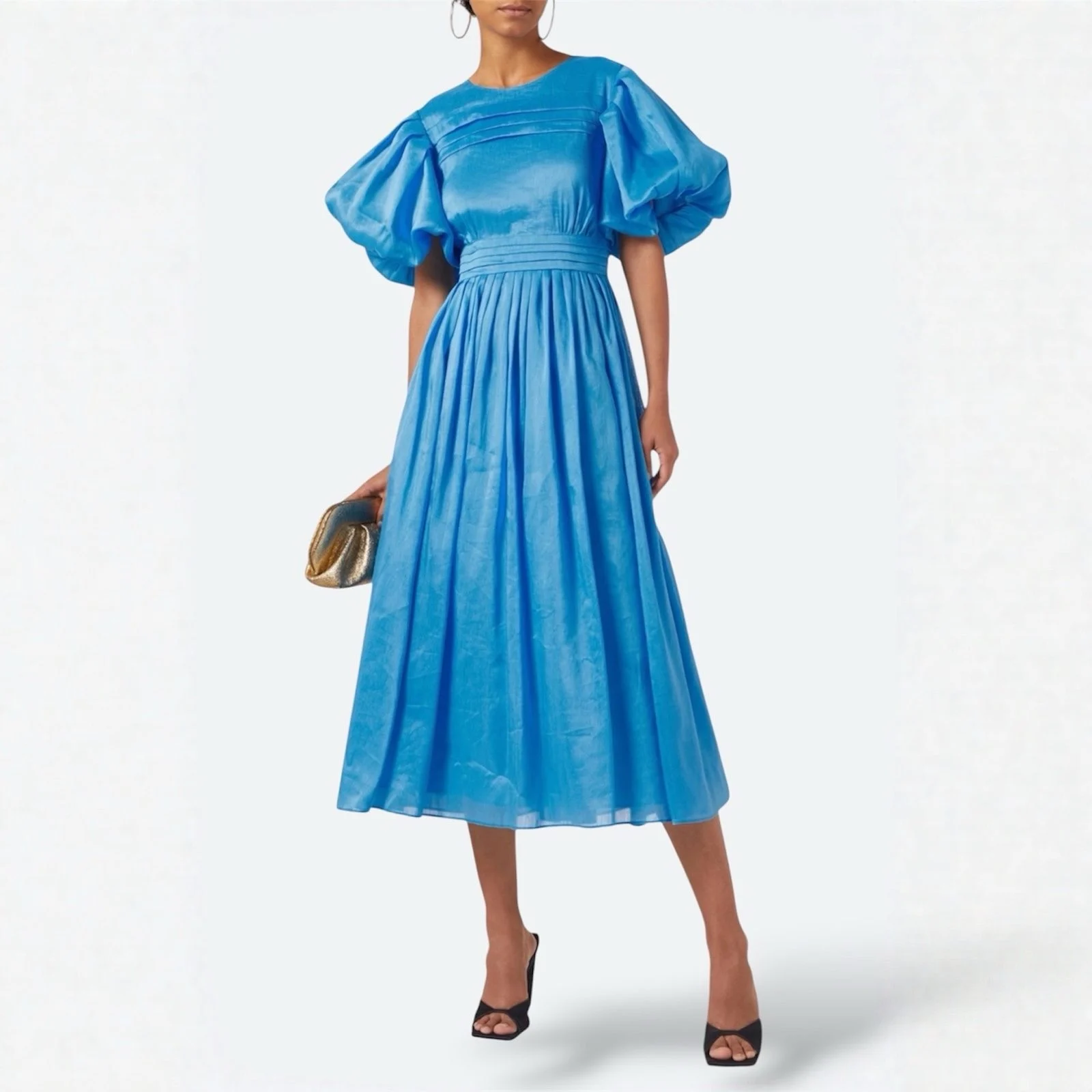 Aje Sylvia Pintuck Midi Dress Azure Blue AU 10 / US 6 / M Linen Silk Cocktail