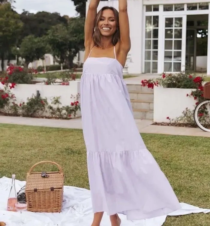 Petal & Pup Tiered Midi Dress Lavender AU 12 / US 8 / L Cotton Pockets