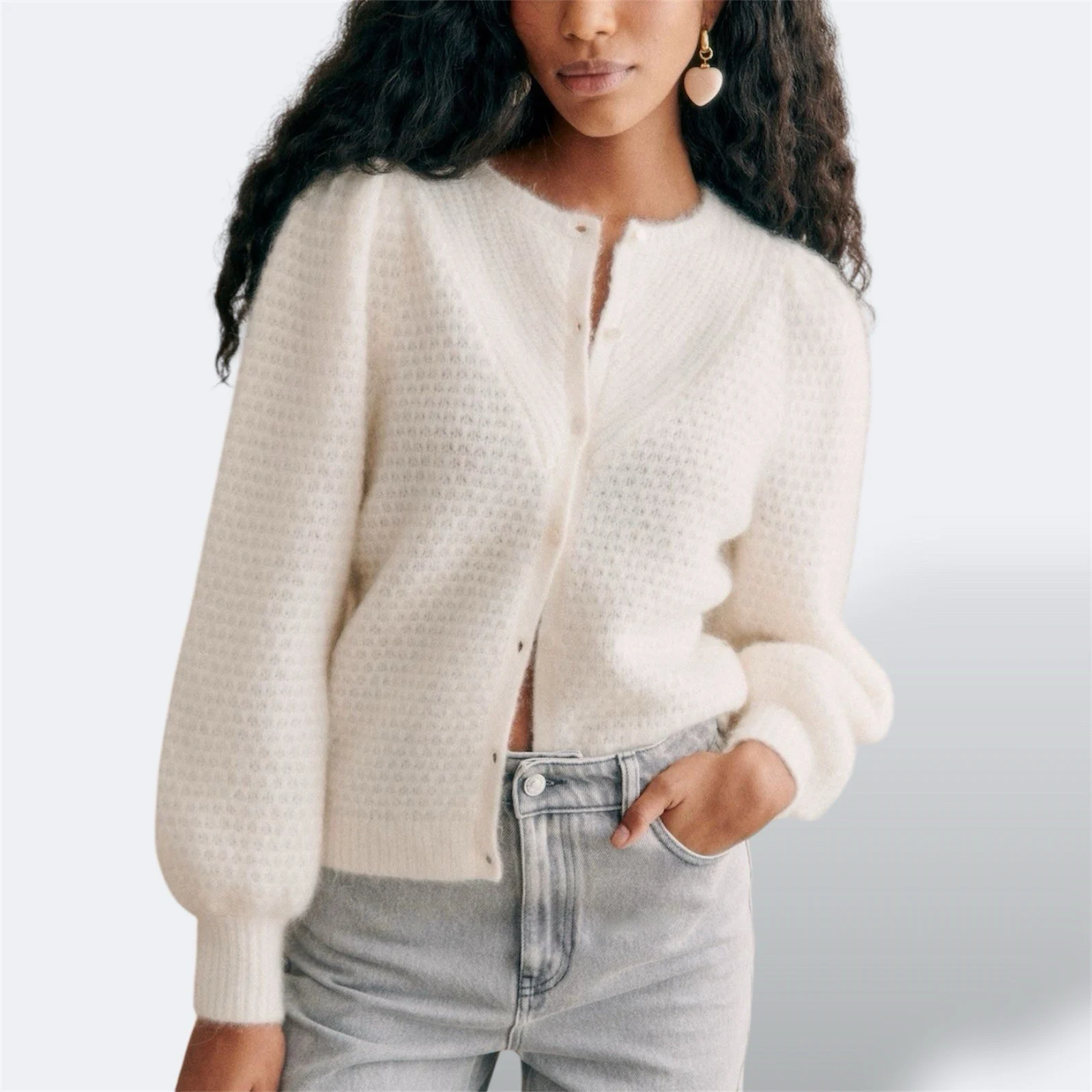 Sezane Solena Cardigan Ecru XXS / AU 6 / US 2 Mohair Wool Long Sleeves Buttons