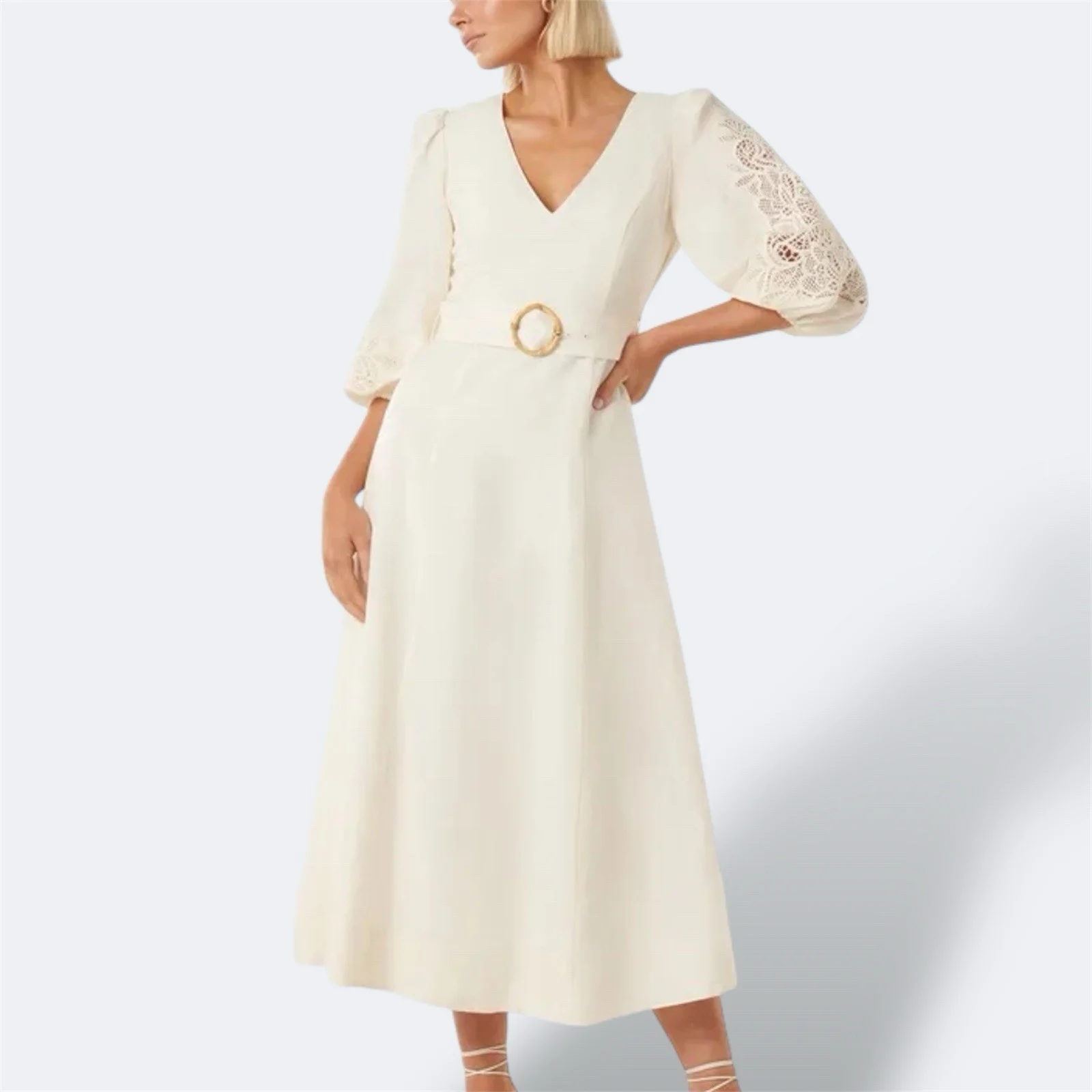 Forever New Delphi Lace Trim Midi Dress S / AU 8 / US 4 Linen Coastal Summer