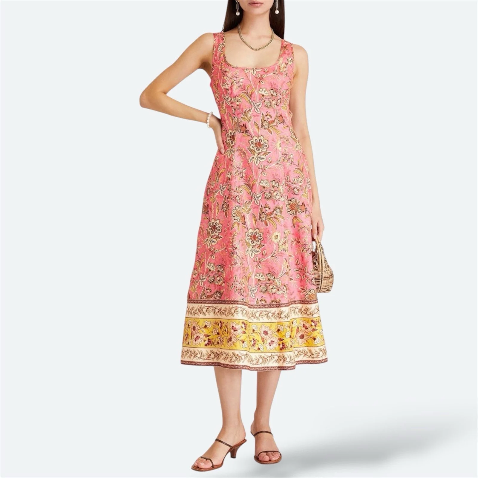Zimmermann Junie Cut Out Linen Midi Dress Pink 0 / AU 8 / US 4 Floral Boho Tie