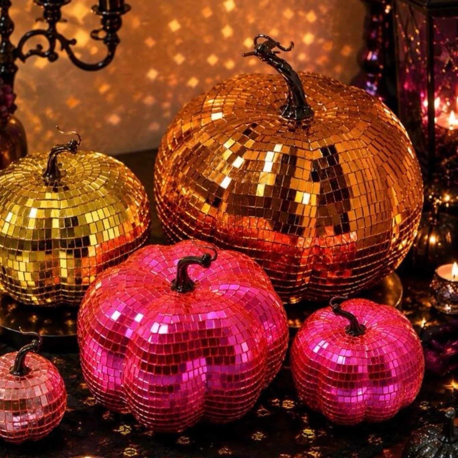 Gothic Witchy Disco Ball Pumpkin Pink Mirror Halloween Fall Mystic Decor 12cm