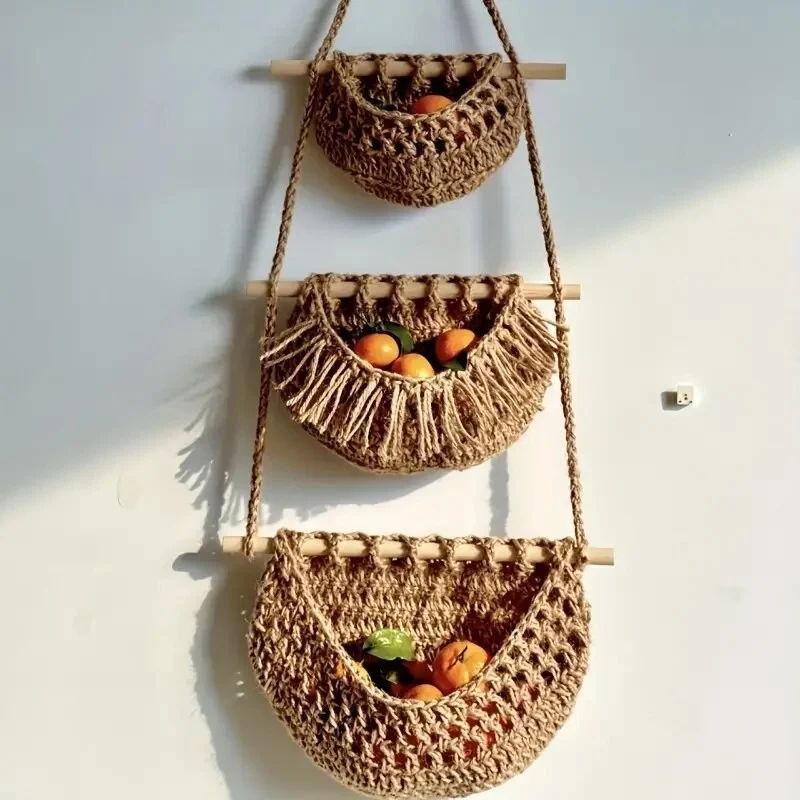 Natural Jute 3 Tier Hanging Baskets Storage Home Decor Fruit Basket Organisation