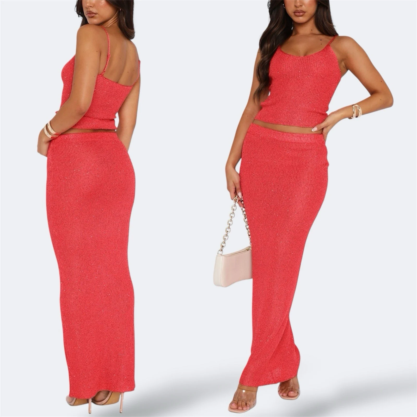 White Fox Sequin Stretch Knit Top + Maxi Skirt XS / AU 6 / US 2 Festival Resort