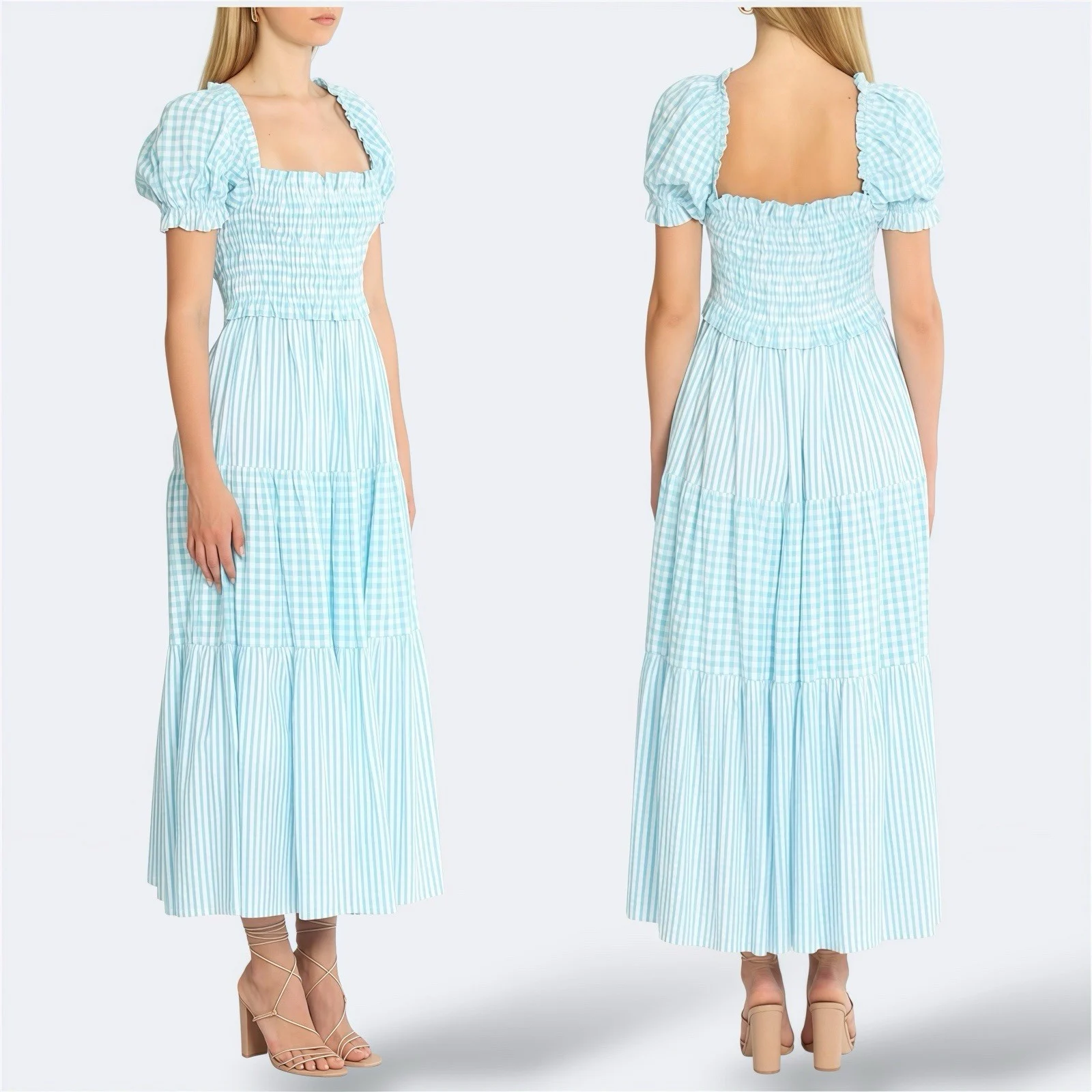 Steele Elle Blue Gingham Midi Dress M / AU 10 / US 6 Puff Sleeve Cotton Summer