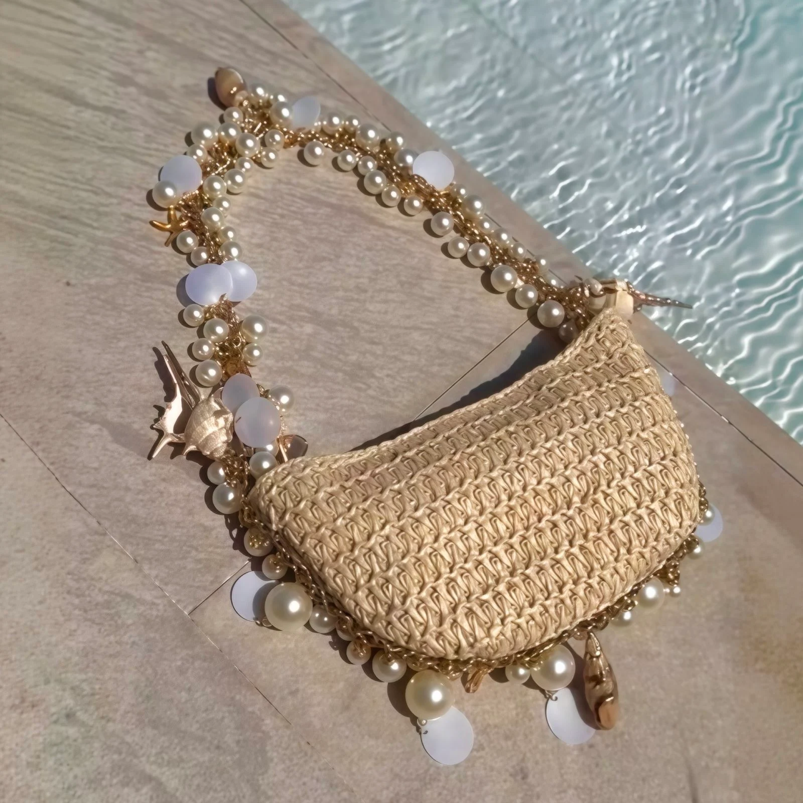 Coastal Luxe Shell & Pearl Mermaid Ocean Bag Vacation Woven Half Moon Clutch