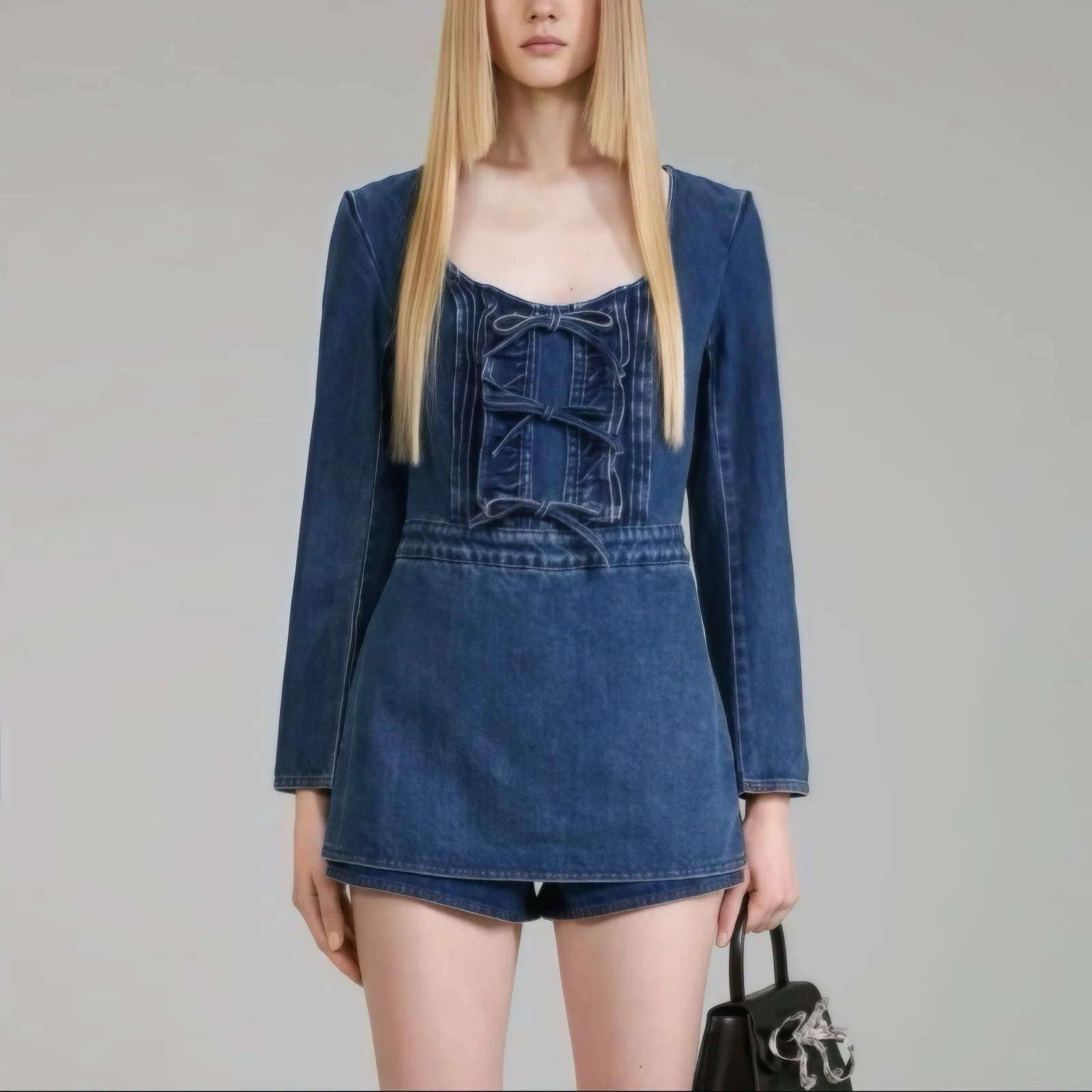 Self Portrait Denim Bow Playsuit M / AU 8 10 / US 4 6 Dark Wash Skirt Romper