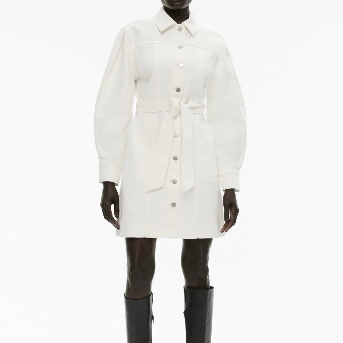 Witchery Denim Seam Detail Mini Dress White AU 10 / US 6 / M Belted Long Sleeve