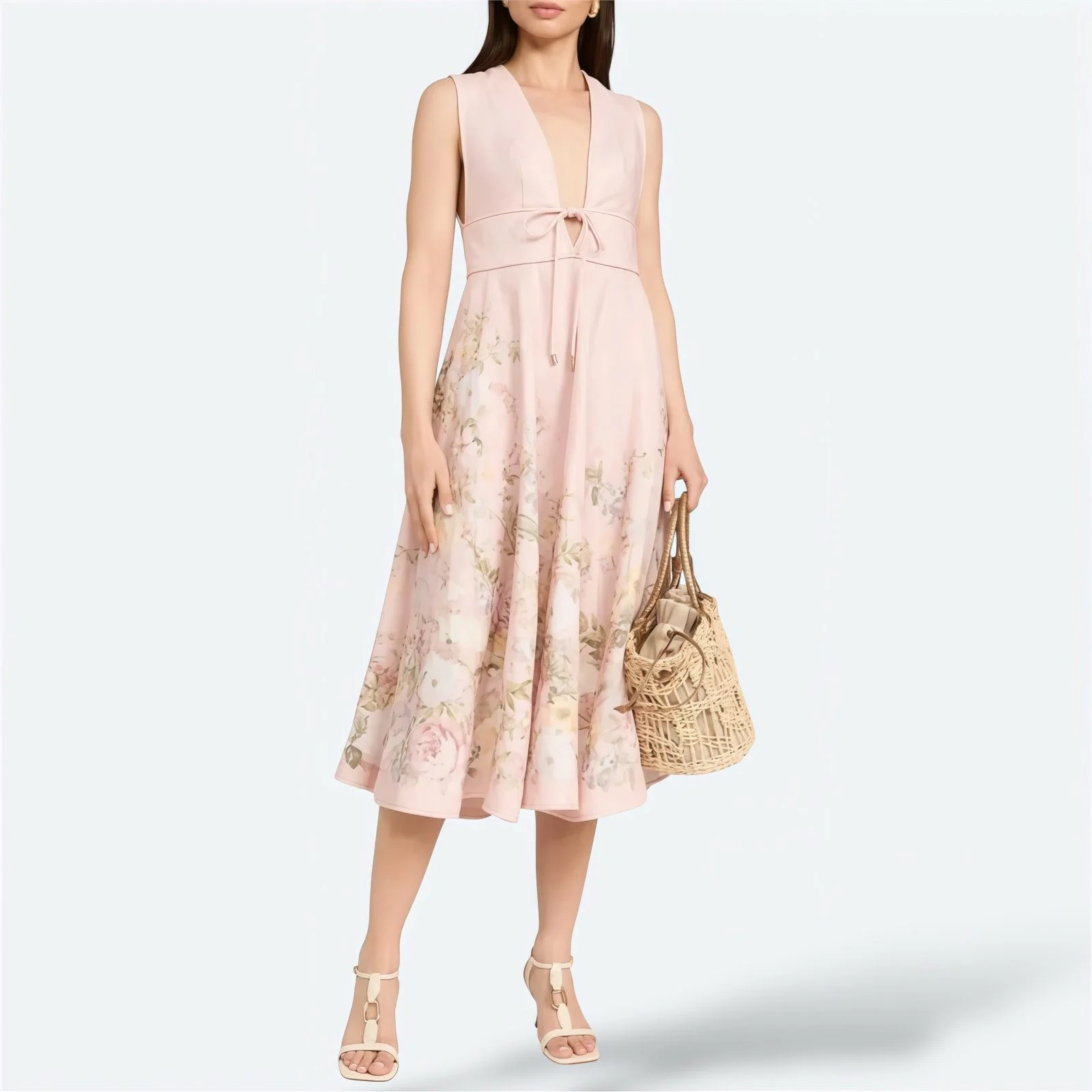 Zimmermann Waverly Plunge Linen Midi Dress 2 / AU 12 / US 8 Rose Pink Floral