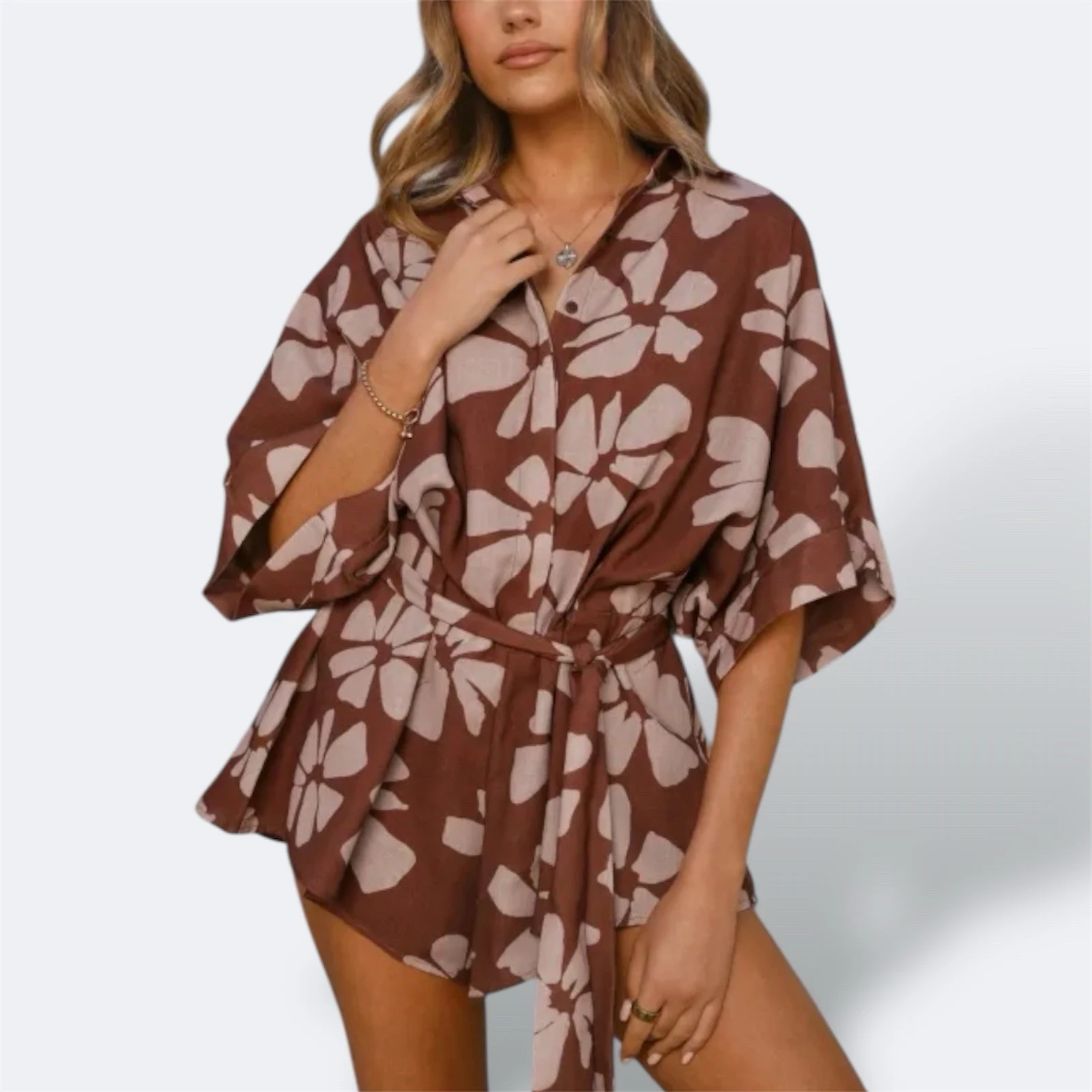 Billy J Bailin Linen Playsuit AU 14 / US 10 / XL Romper Brown Floral Belted NWT