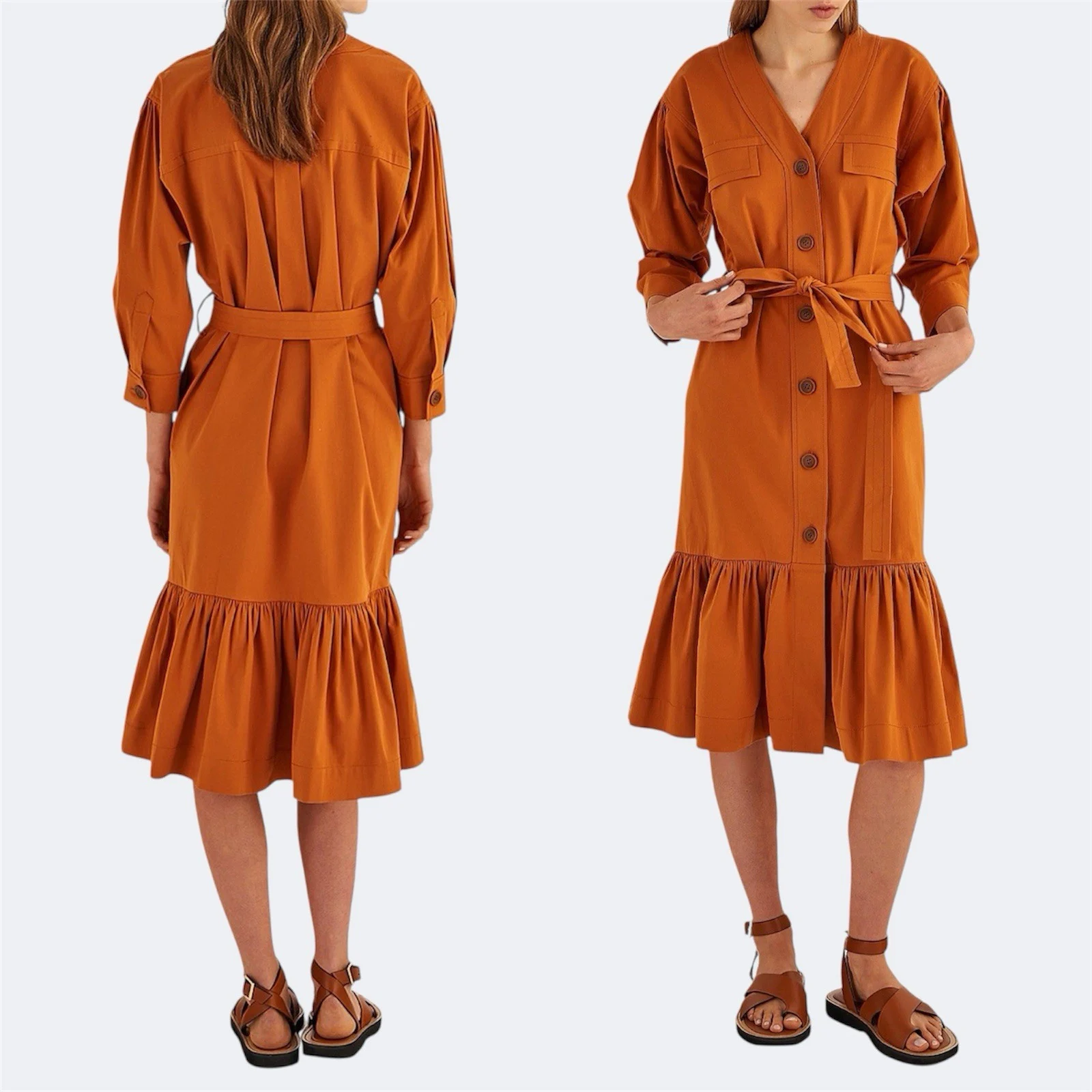 Oroton Cotton Ruffle Hem Dress AU 12 / US 8 / L Long Sleeve Belted Pockets Tan