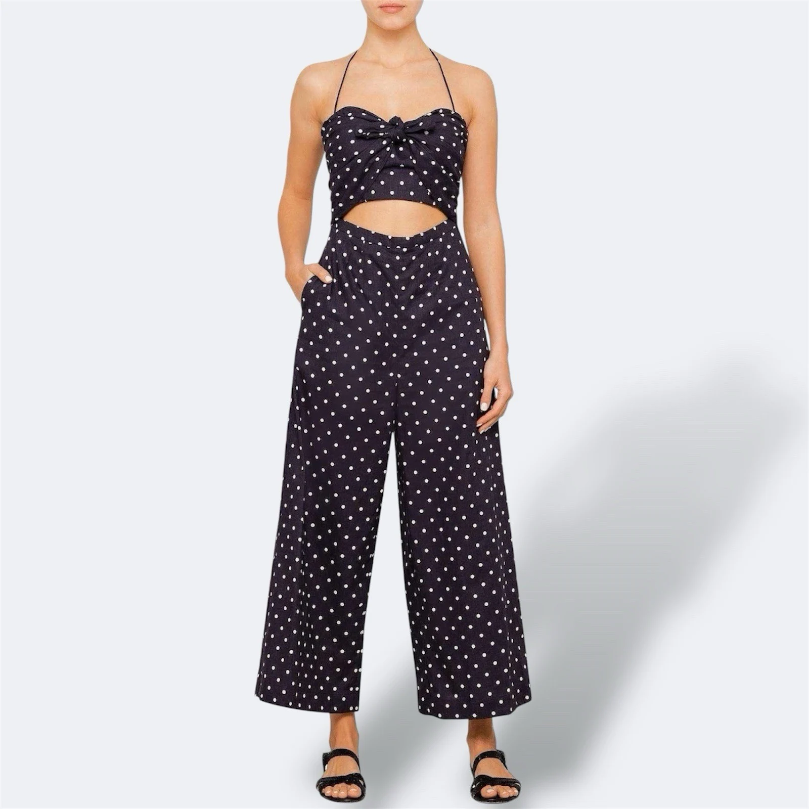 Zimmermann Prima Dot Halter Jumpsuit 0 / AU 6 / US 2 / XS Linen Coastal Wide Leg