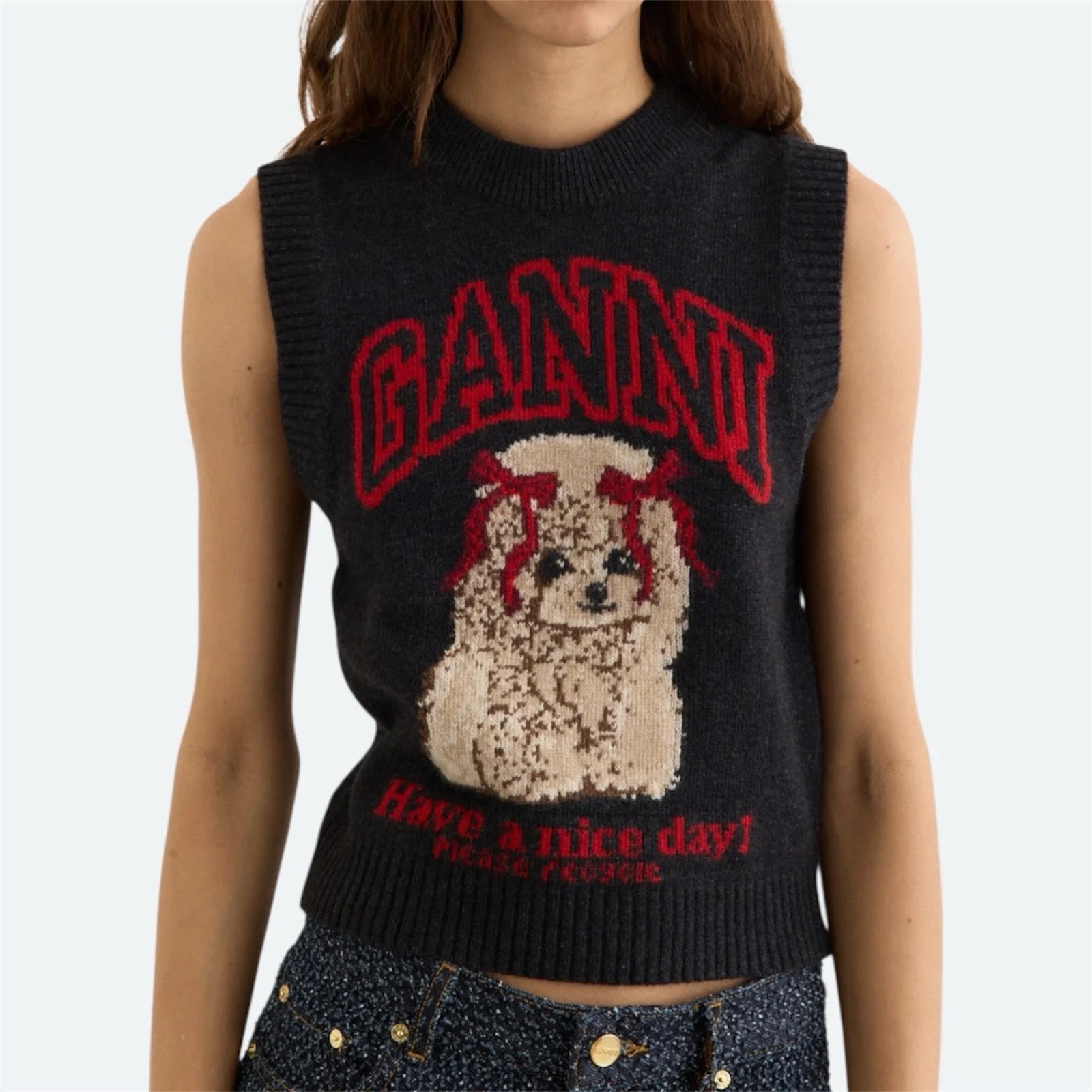Ganni Graphic Knit Vest L / AU 12 / US 8 Preppy Bows Grey Sleeveless Sweater Top