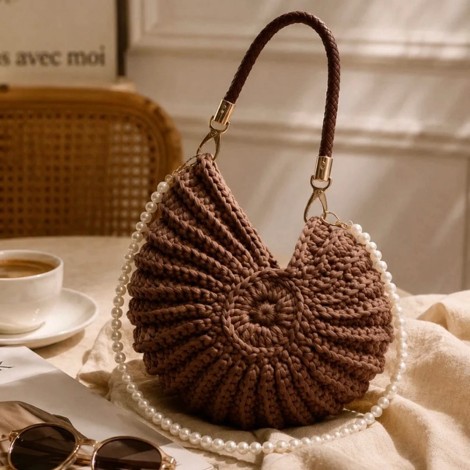 Coastal Luxe Shell Woven Crochet Shoulder Bag Choc Brown Summer Pearl Strap